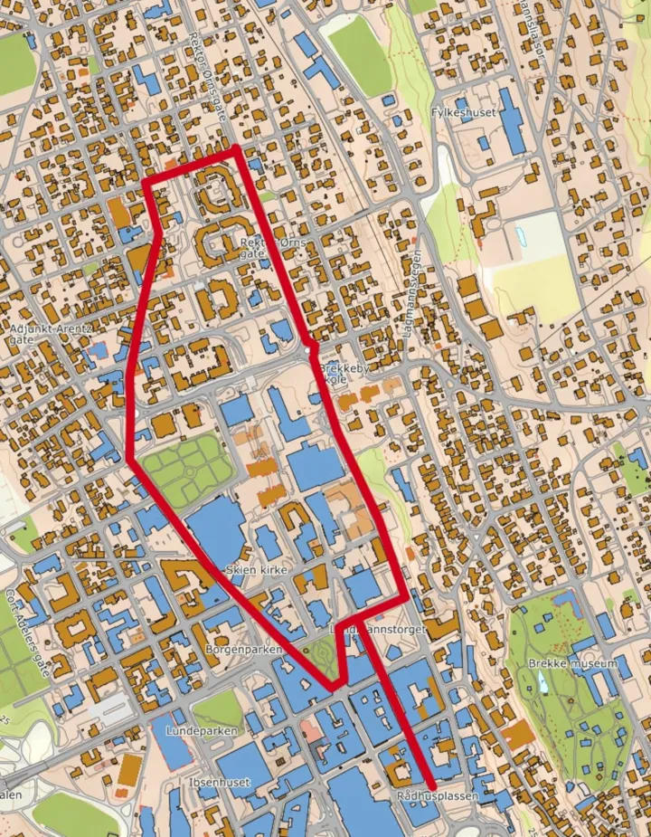 Kart over rute for skole- og folketog 17. mai 2024