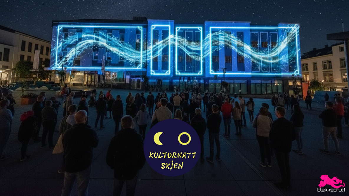 Lyssatt bygning i Skien sentrum fra Kulturnatt 2025