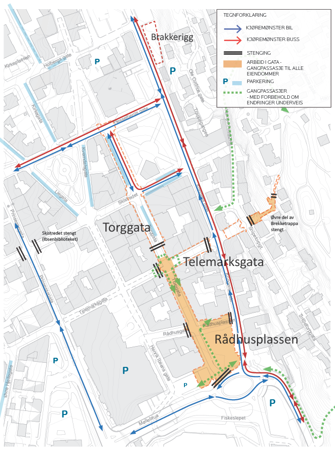 kart som viser trafikkavvikling i sentrum fra august 2026.