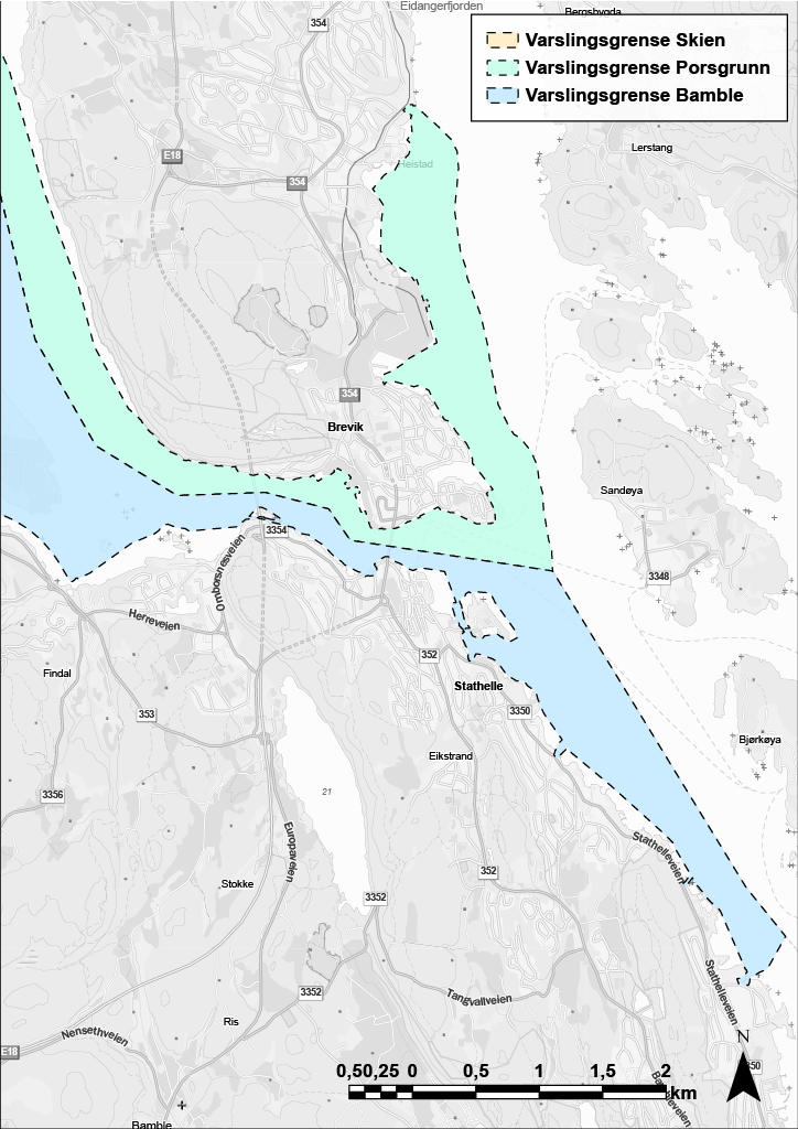 Kart som viser varslingsgrensen i Frierfjorden.
