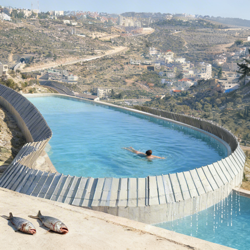 Landskap. Person i stort basseng.