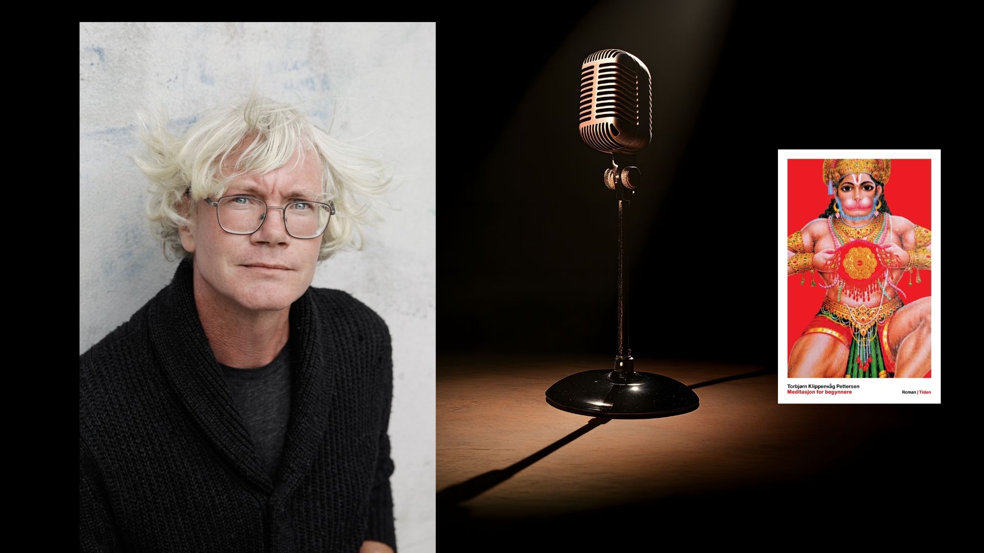 Plakat forfatterportrett, mikrofon, bokomslag.