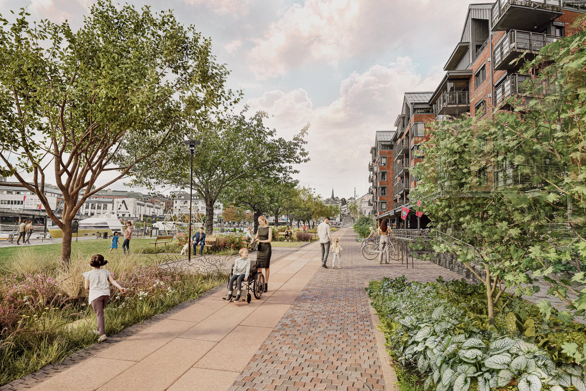 Illustrasjon av bymiljø med syklister, gående, bygg og vegetasjon.