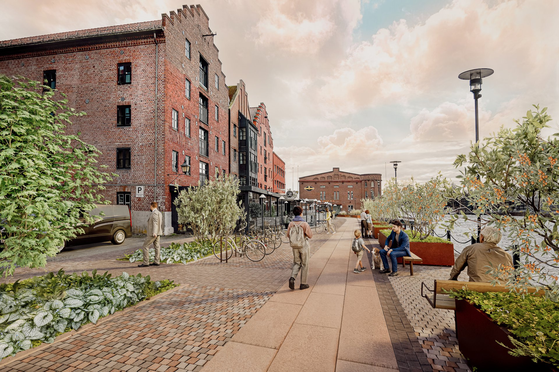 Illustrasjon av bymiljø med syklister, gående, bygg og vegetasjon.