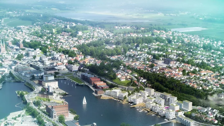Illustrasjon som viser hvordan utbyggingen på Skien brygge kan bli.