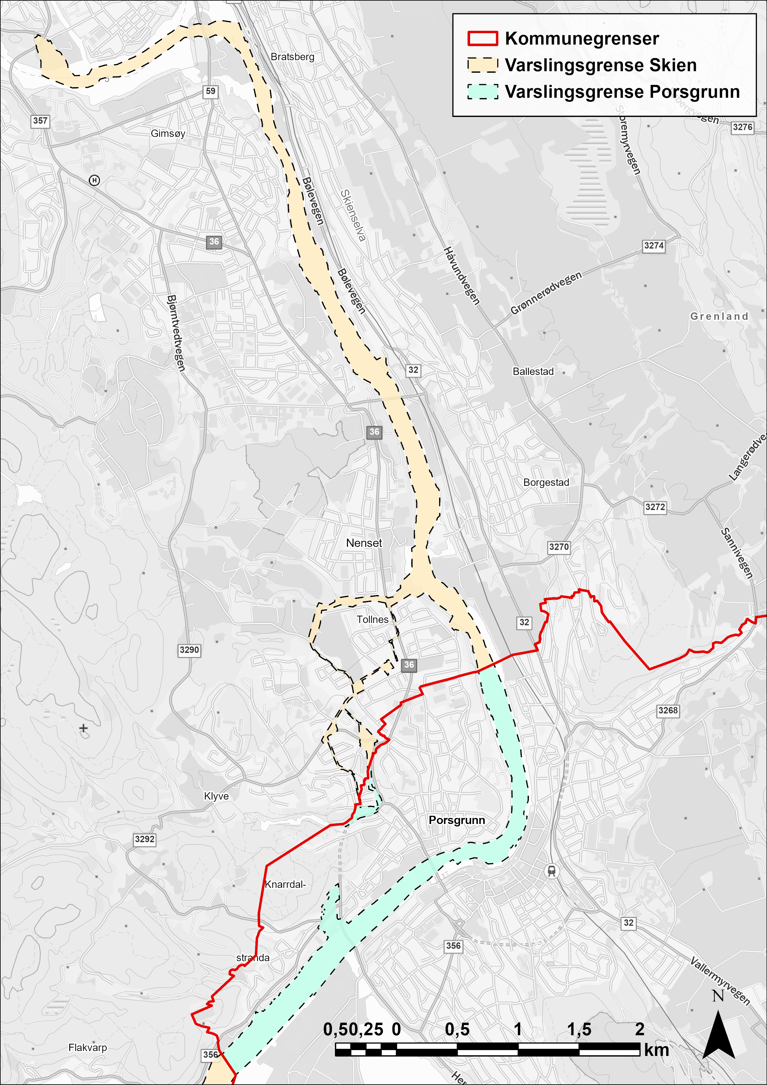 Kart som viser varslingsgrensen i Skien mot Porsgrunn