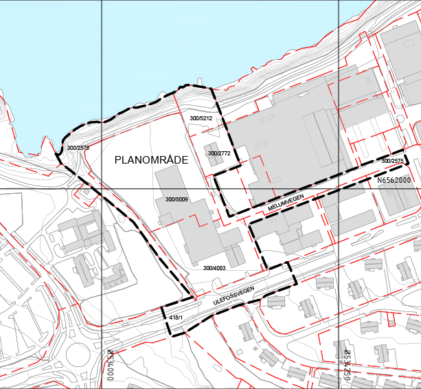 Kart som viser området hvor det er planlagt å starte detaljregulering.