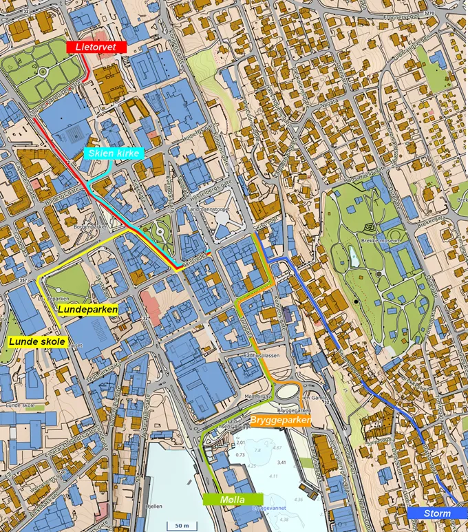 Kart over innmarsj folketoget 17. mai