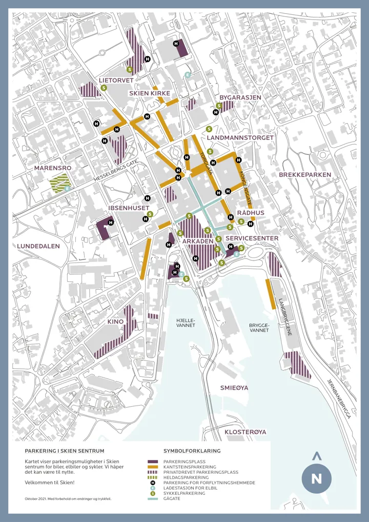 Kart som viser parkeringsmuligheter i Skien sentrum