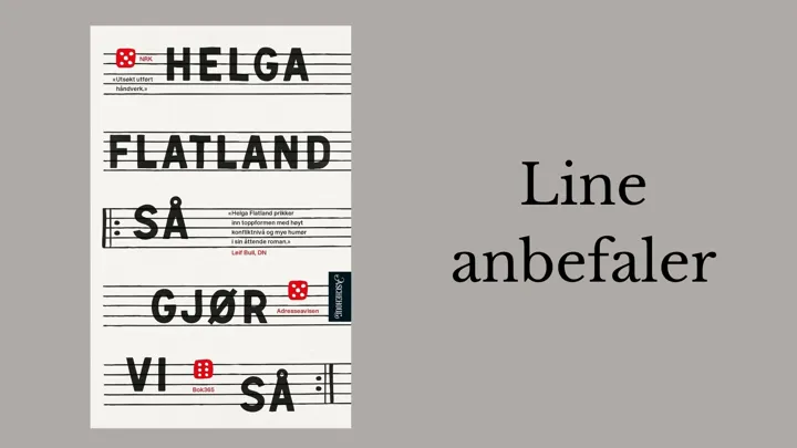 Plakat med omslagsbilde av Helga Flatlands Så gjør vi så. Line anbefaler