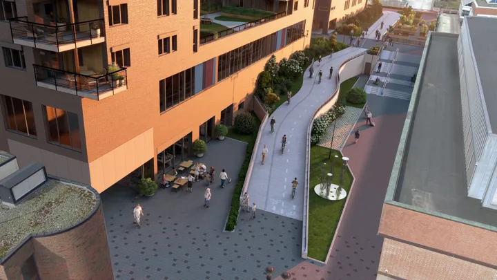 Illustrasjon som viser hvordan det kan bli i Kverndalen med ny hovedsykkelforbindelse.