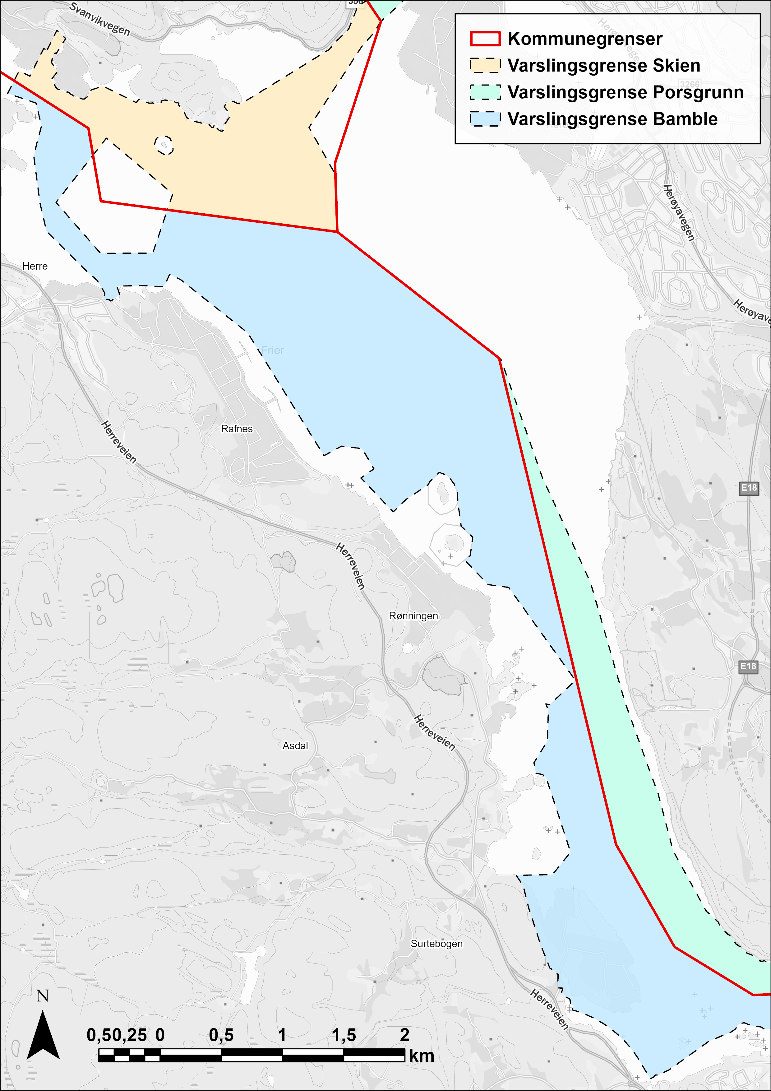 Kart som viser varslingsgrense i Skien mot Bamble og Porsgrunn