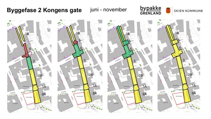 kart med markering av ulikt type arbeid i Kongens gate.