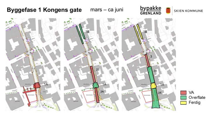 kart med markering av ulikt type arbeid i Kongens gate.