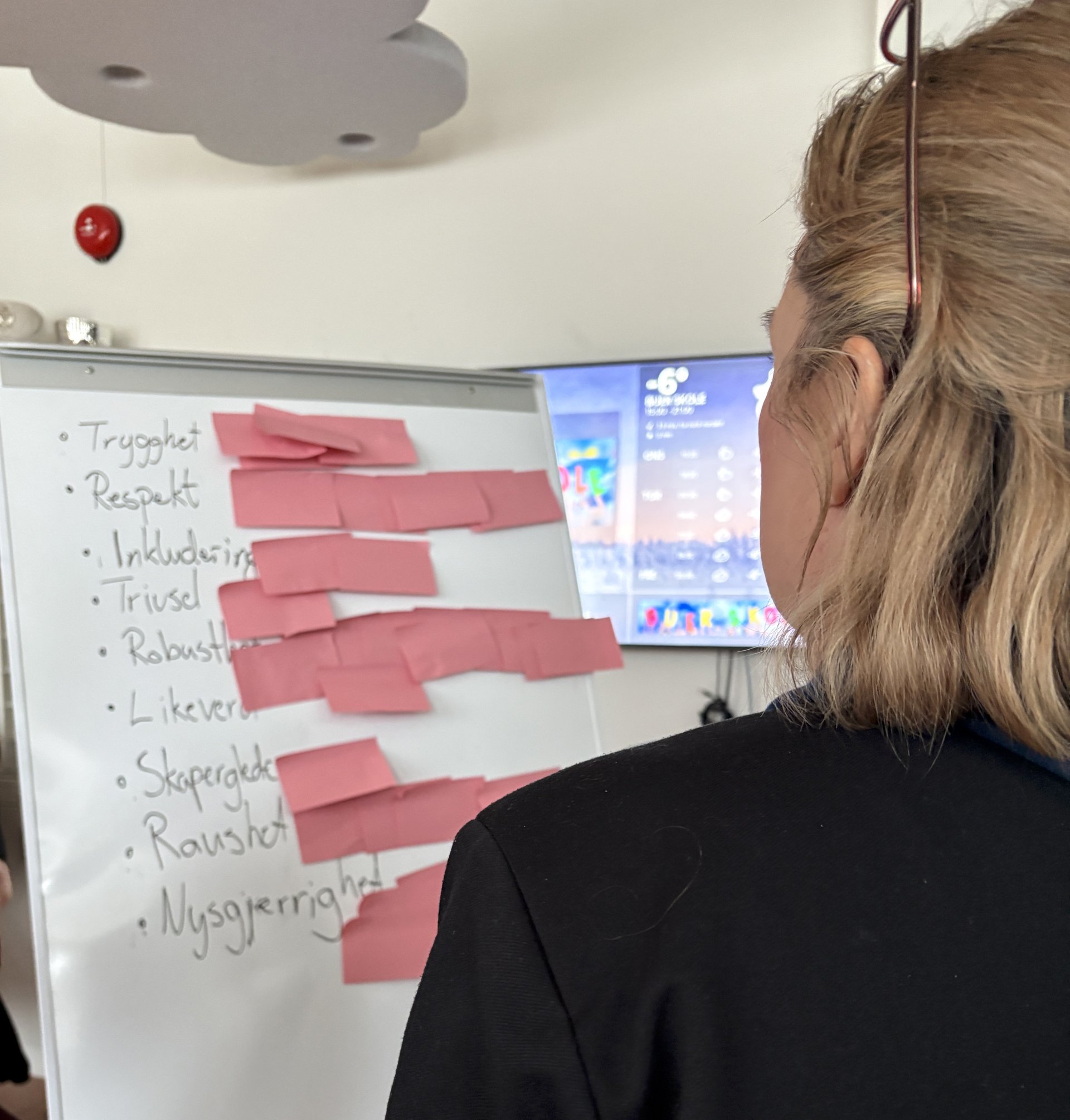 person som står å leser på en tavle med ulike ord.